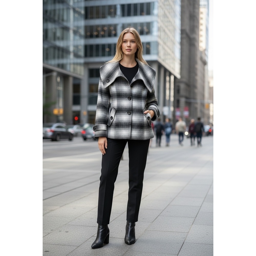 Georgiou Studio Womens Grey Plaid Ombre Portrait Collar‎ Button Front Jacket S
